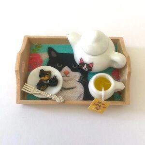 Dollhouse Miniature BLACK & WHITE TUXEDO CAT Nipton Tea Set Tray & Cookies